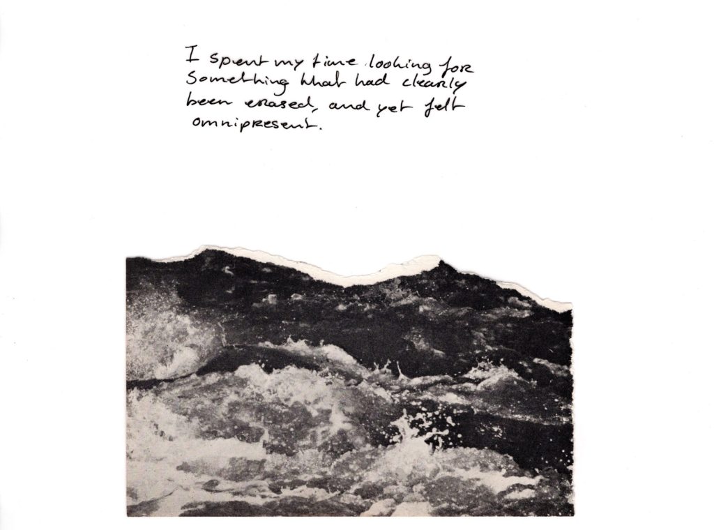 Layered collage with archival text used in the “Summerhouse” photobook by Geertje Brandenburg.