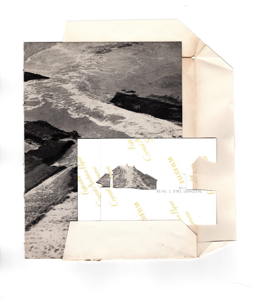 Layered collage with archival text used in the “Summerhouse” photobook by Geertje Brandenburg.