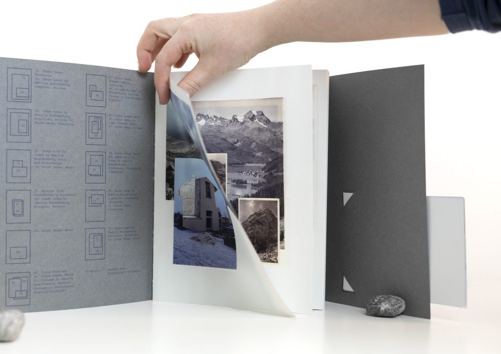 Layered collage with archival text used in the “Summerhouse” photobook by Geertje Brandenburg.