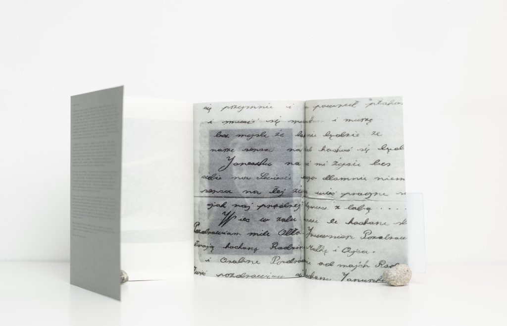 Layered collage with archival text used in the “Summerhouse” photobook by Geertje Brandenburg.